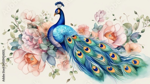 Watercolor peacock with flowers Generative AI