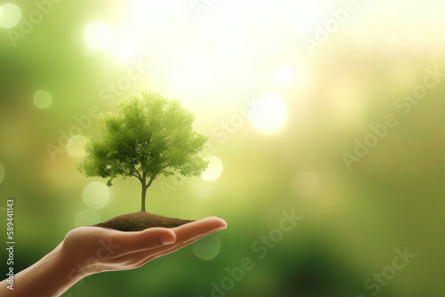 Hand holding tree on blur green nature background. Green environment earth day concept. Generative ai.