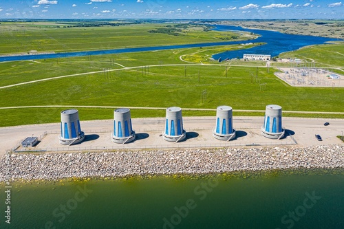 Hydroelectric power turbines at Gardiner Dam by Lake Diefenbaker, Saskatchewan, Canada, drone shot
