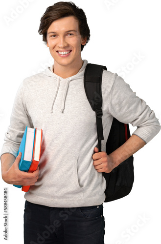 Happy smiling college student with books, isolated
