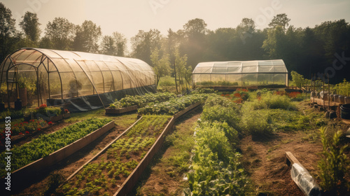 Eco-Agricultural Haven: Sustainable Farm, Diverse Crops, Greenhouses, Composting Facilities, Generative AI