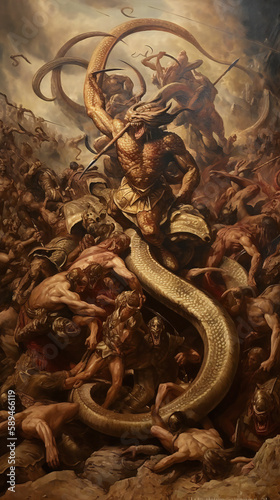 Hydra with Armored Heads, Battlefield Triumph, Oil Painting, generative AI