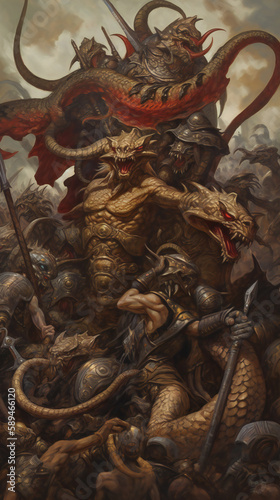 Hydra with Armored Heads, Battlefield Triumph, Oil Painting, generative AI