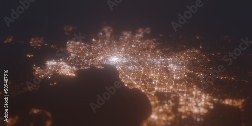 Street lights map of Melbourne (Australia) with tilt-shift effect, view from south. Imitation of macro shot with blurred background. 3d render, selective focus