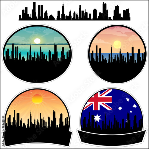 Warwick Skyline Silhouette Australia Flag Travel Souvenir Sticker Sunset Background Vector Illustration SVG EPS AI