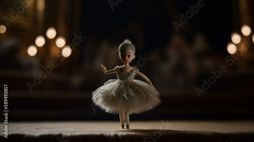 A ballerina doll with a tutu made of delicate tulle, ballet slippers, and a tiara, gracefully pirouetting on a stage with a velvet curtain in the background. Generative AI