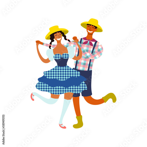 Festa Junina couple, dancers in traditional costumes character illustration. Hand drawn cartoon vector, isolated on white. Brazilian holiday, Saint John festival, party, carnival design element