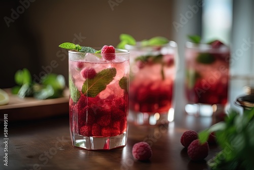 close up spring and summer drink, glass of infused water of pomegranate raspberry with green mint or basil leaf, mojito , Generative Ai