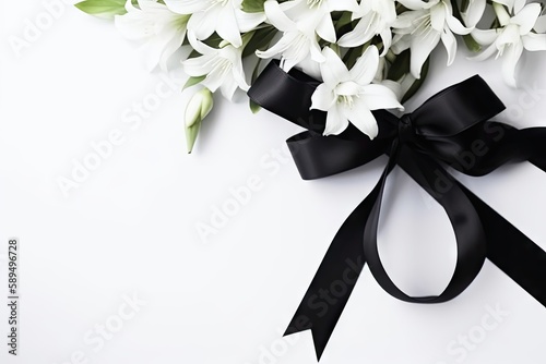 Funeral symbols. White flower near black ribbon on white background top view space for text