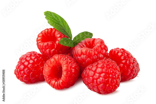 fresh raspberries with leaf isolated on white background.