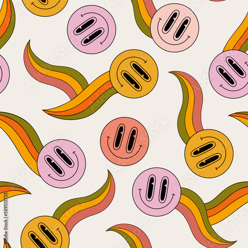 Abstract smiling face funny rainbows seamless pattern in 70s hippie style