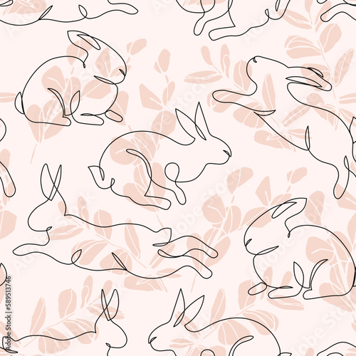 Abstract rabbit line art on floral background. Symbol of Chinese New Year zodiac.