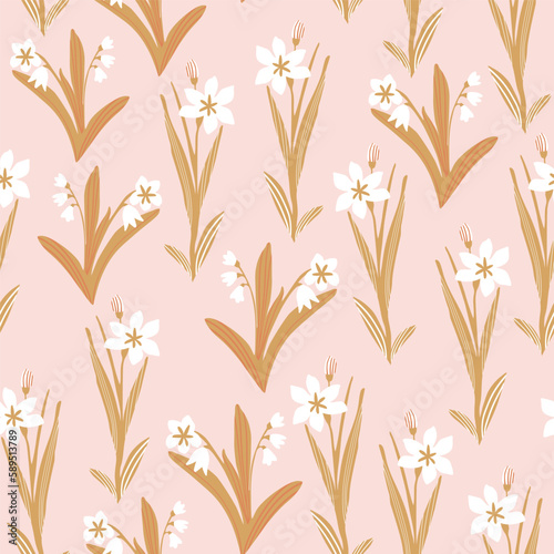 Abstract floral graphic seamless pattern. Meadow flowers silhouettes background in golden colors