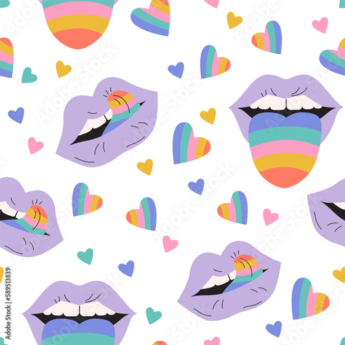 Comic female lips, rainbow colored tongue, hearts seamless pattern
