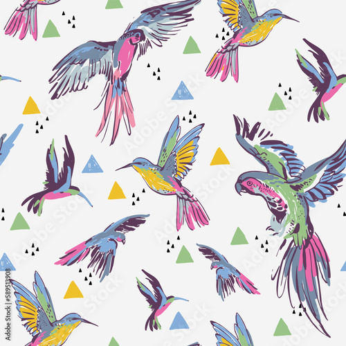 Tropical birds on abstract geometric shapes doodles background