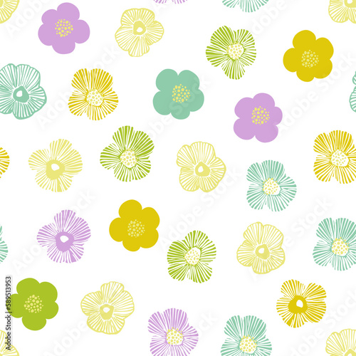 Colorful daisy flowers and dotted doodle texture background.