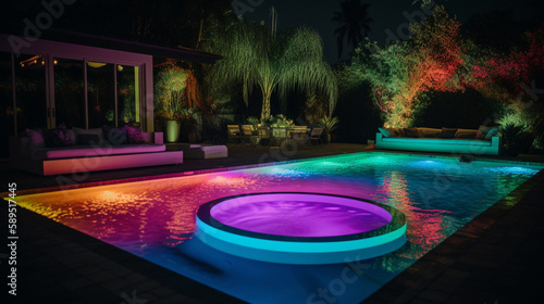 A pool party with neon lights illuminating the water Generative AI