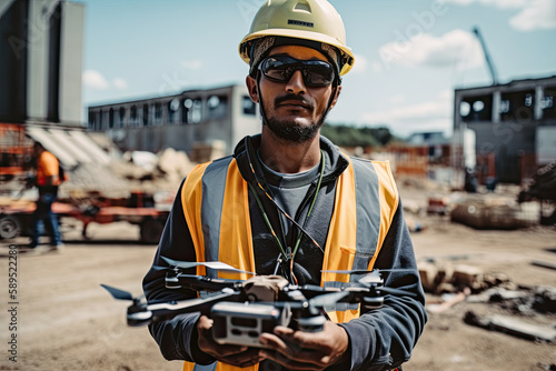 Engineer in helmet and goggles operating drone on construction site, Generative AI