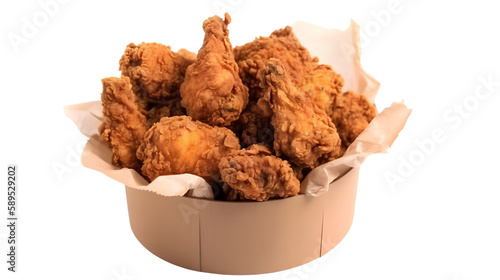 Fried Chicken on Brown Paper Bucket Isolated on White Background, Image Ai Generated