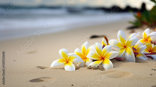 Plumeria flowers on the beach on the sand. selective focus. flower Generative AI,