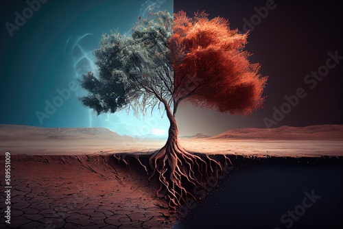 Symbolic Representation of Environmental Impact: A Single Tree Amidst Climate Change