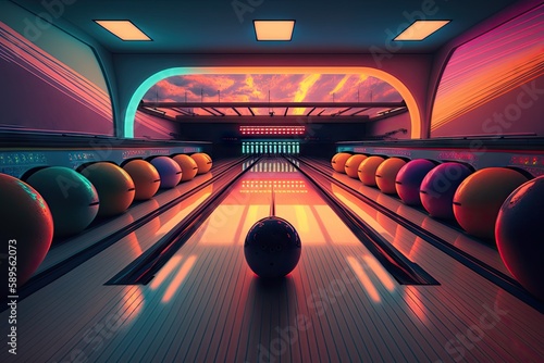 bowling alley, with colorful lanes and balls on display, during sunset, created with generative ai