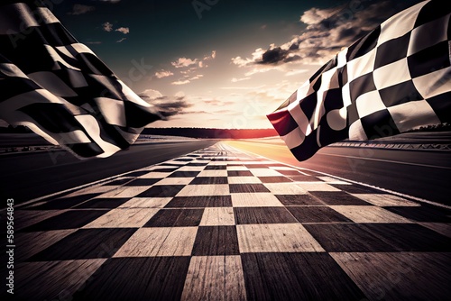 race track, with view of the finish line and checkered flag, created with generative ai