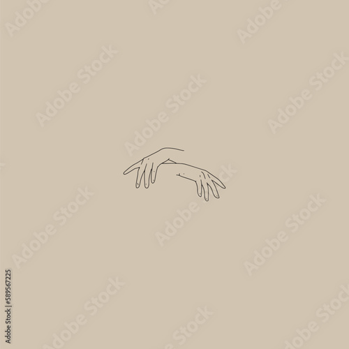 Lineart crossed female hands. Trend hand drawn abstract minimalism style. Vector illustration. Black isolate on a beige background.