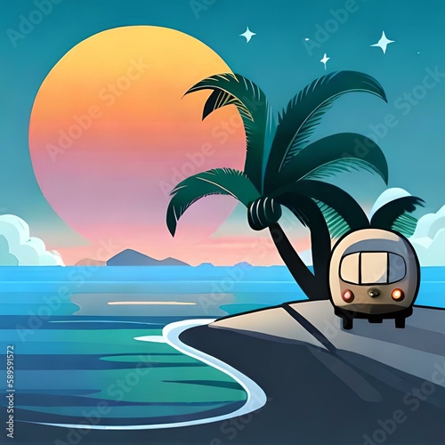 Beach, palm, sunset design 