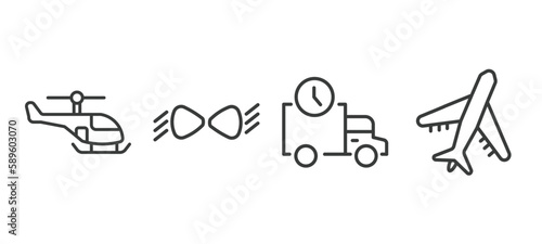 set of transportation thin line icons. transportation outline icons included small helicopter, car lights, shipping and delivery, air transport vector.