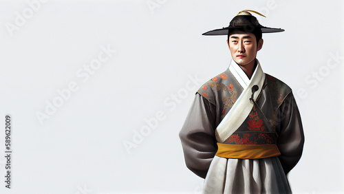 A Korean man wearing a traditional costume from his country in front of a white background. Young man wearing a Hanbok. Generative AI illustration.