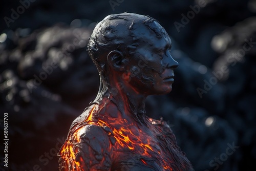 very dark black realistic woman's body in lava, calcinated ashes skin, burnt skin. generative AI