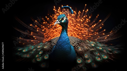 Elegant colourful portrait of a peacock at sunset. AI generated