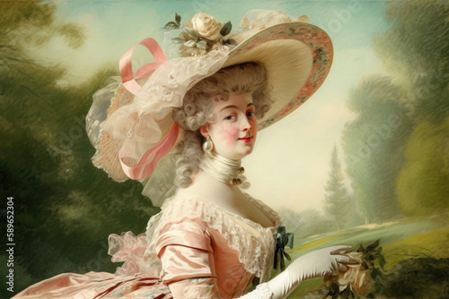 beautiful Rococo portrait of a lady, set against a scenic countryside background, wearing a sumptuous dress and a wide-brimmed hat, generative ai