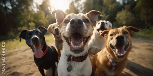 A cute group of dogs taking a selfie on a cell phone camera. Generative AI