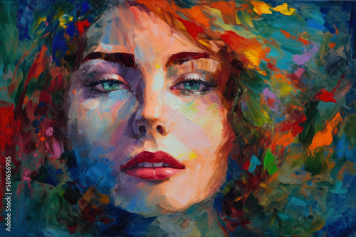 Dreamy portrait of a woman with vibrant colors and bold brushstrokes in Post-Impressionism style, generative ai