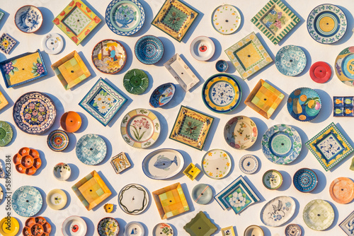 Traditional portuguese pottery, local handcrafted products from Portugal. Wall of ceramic plates in Portugal. Colorful vintage ceramic plates in Sagres, Algarve, Portugal.
