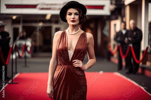 Glamorous Hollywood starlet with a retro look, wearing a vintage dress and striking a pose on the red carpet, generative ai