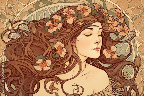 Graceful Woman with Flowing Hair and Floral Accents in Art Nouveau Style, generative ai