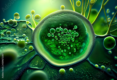 Unicellular green algae chlorella spirulina with large cells single-cells with lipid droplets. Watercolor illustration of macro zoom microorganism bacteria for cosmetics biological. Generative AI