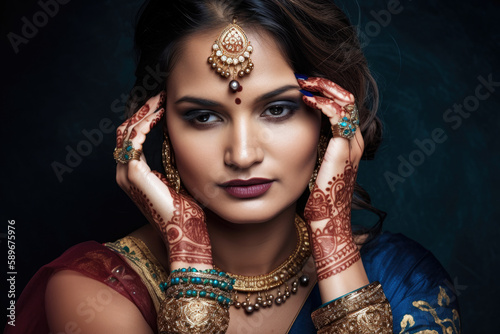 Radiant Bollywood actress wearing traditional Indian jewelry and vibrant clothing with a henna tattoo on her hand, generative ai