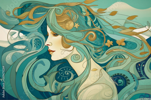 Serene Woman with Waves and Oceanic Elements in Art Nouveau Style, generative ai