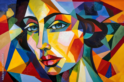 Abstract portrait of a woman with sharp angles and bold colors, inspired by cubism and modernism, generative ai