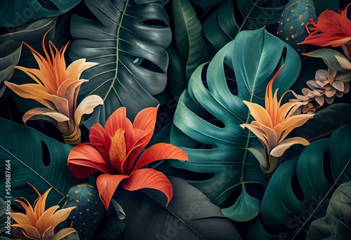 Seamless tropical flower, plant and leaf pattern background. Generative AI