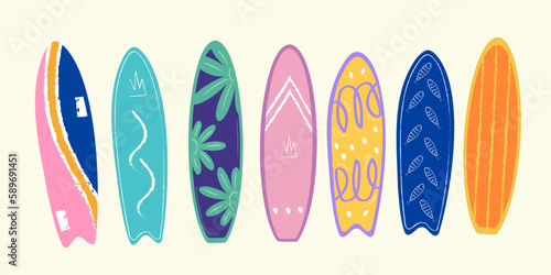 Set of surf boards, Surfing Sport, Surf Boards by Ocean Waves. Summer Activity, Lifestyle. Cartoon Vector Illustration.