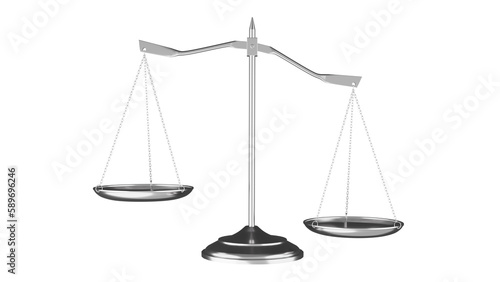 Silver imbalance Libra scales of justice isolated on transparent background. Scales concept. 3D render
