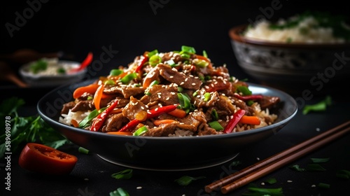A plate of spicy stir-fry with tender beef, vegetables, and a flavorful sauce, garnished with sesame seeds and scallions. Generative AI