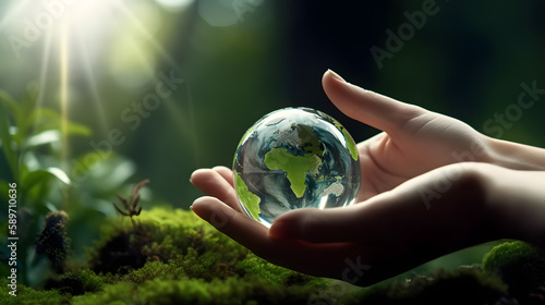 hand holding glass earth globe, little earth, generative ai