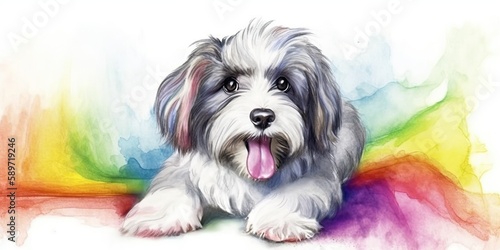 watercolor borders of a colorful Havanese puppy - Generative AI Art