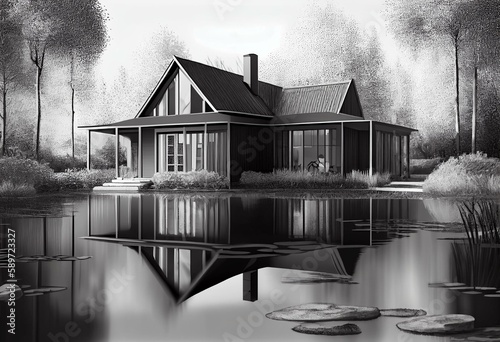 3d rendering of modern cozy clinker house on the ponds with garage and pool for sale or rent. Black line sketch with soft light shadows on white background. Generative AI